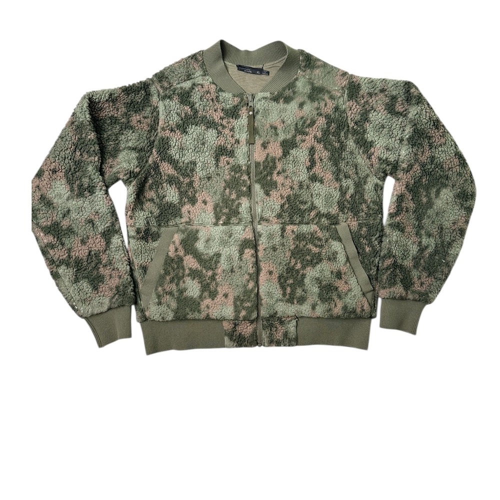 Prana‎ Womens Sherpa Fleece Bomber Jacket XL Camo Olive Green Full Zip